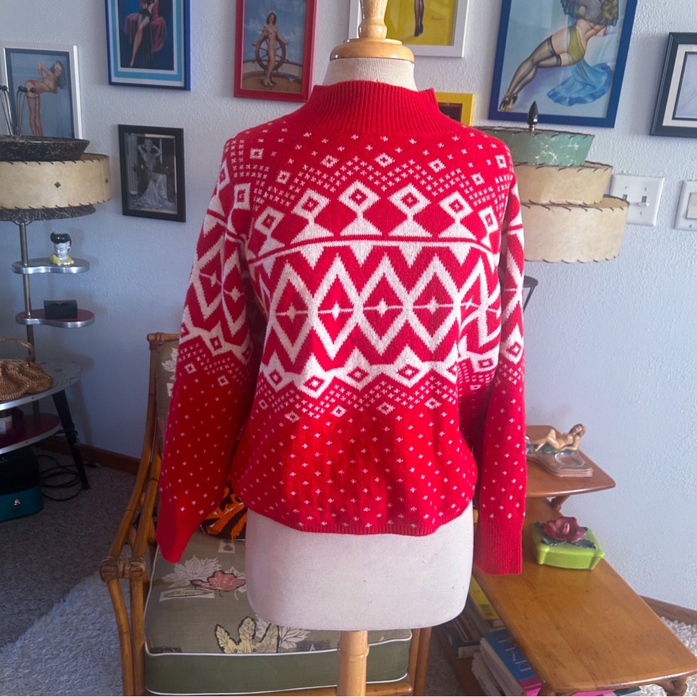 Retro Sweater | 40s Style Fair Isle | Crew Neck | Red White | L XL | Old Navy